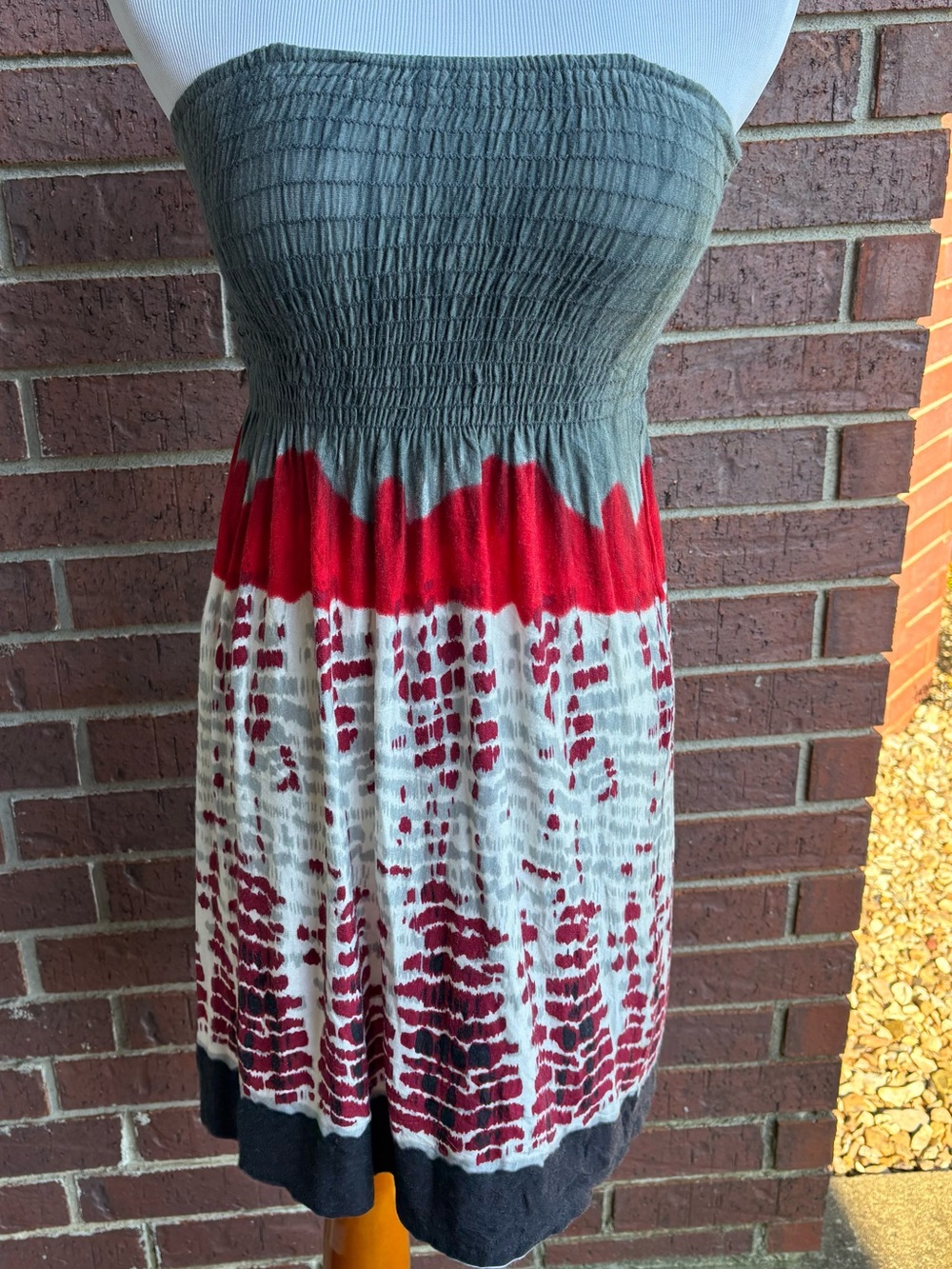 Forever 21 Strapless Smocked Tie-Dye Midi Dress in Gray, Red, White, Black